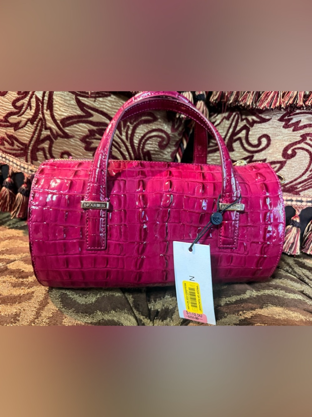 Brahmin Hot Pink Croc-Embossed Patent Satchel - Picture 2 of 5